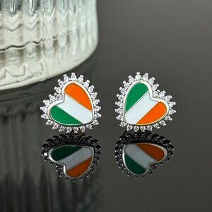 Ireland Flag Earrings Heart bling S925 Sterling Silver Handmade Ear Stud
